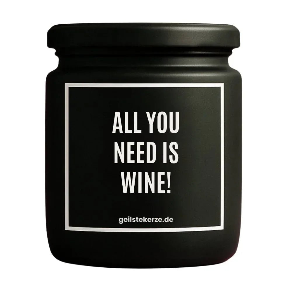 Duftkerze mit Spruch von geilstekerze ist der neue Geschenketrend. Diese witzige Kerze Vegane Bio-Kerze mit Spruch – ALL YOU NEED IS WINE! brennt mega lange sagenhafte 80 Stunde, hochwertige ätherische Öle schaffen beste Duftverteilung. Mit 1400 lustigen Sprüchen perfekt zum Verschenken. Handgemacht in Deutschland von geilstekerze.shop -Die beste Duftkerze die du kaufen kannst.