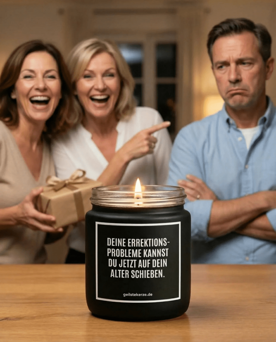 Duftkerze mit Spruch von geilstekerze ist der neue Geschenketrend. Diese witzige Kerze Vegane Bio-Kerze mit Spruch – DEINE EREKTIONSPROBLEME KANNST DU JETZT AUFS ALTER SCHIEBEN. brennt mega lange sagenhafte 80 Stunde, hochwertige ätherische Öle schaffen beste Duftverteilung. Mit 1400 lustigen Sprüchen perfekt zum Verschenken. Handgemacht in Deutschland von geilstekerze.shop -Die beste Duftkerze die du kaufen kannst.