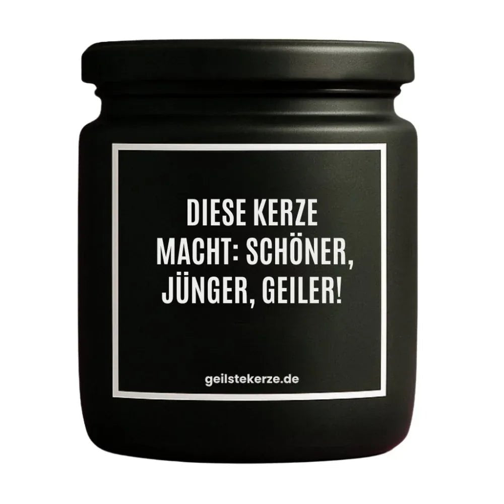 Duftkerze mit Spruch von geilstekerze ist der neue Geschenketrend. Diese witzige Kerze Vegane Bio-Kerze mit Spruch – DIESE KERZE MACHT: SCHÖNER, JÜNGER, GEILER! brennt mega lange sagenhafte 80 Stunde, hochwertige ätherische Öle schaffen beste Duftverteilung. Mit 1400 lustigen Sprüchen perfekt zum Verschenken. Handgemacht in Deutschland von geilstekerze.shop -Die beste Duftkerze die du kaufen kannst.