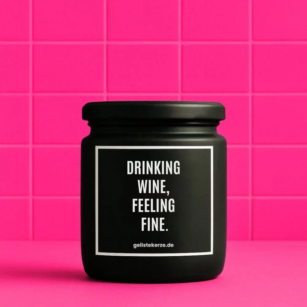 Duftkerze mit Spruch von geilstekerze ist der neue Geschenketrend. Diese witzige Kerze Vegane Bio-Kerze mit Spruch – DRINKING WINE, FEELING FINE. brennt mega lange sagenhafte 80 Stunde, hochwertige ätherische Öle schaffen beste Duftverteilung. Mit 1400 lustigen Sprüchen perfekt zum Verschenken. Handgemacht in Deutschland von geilstekerze.shop -Die beste Duftkerze die du kaufen kannst.