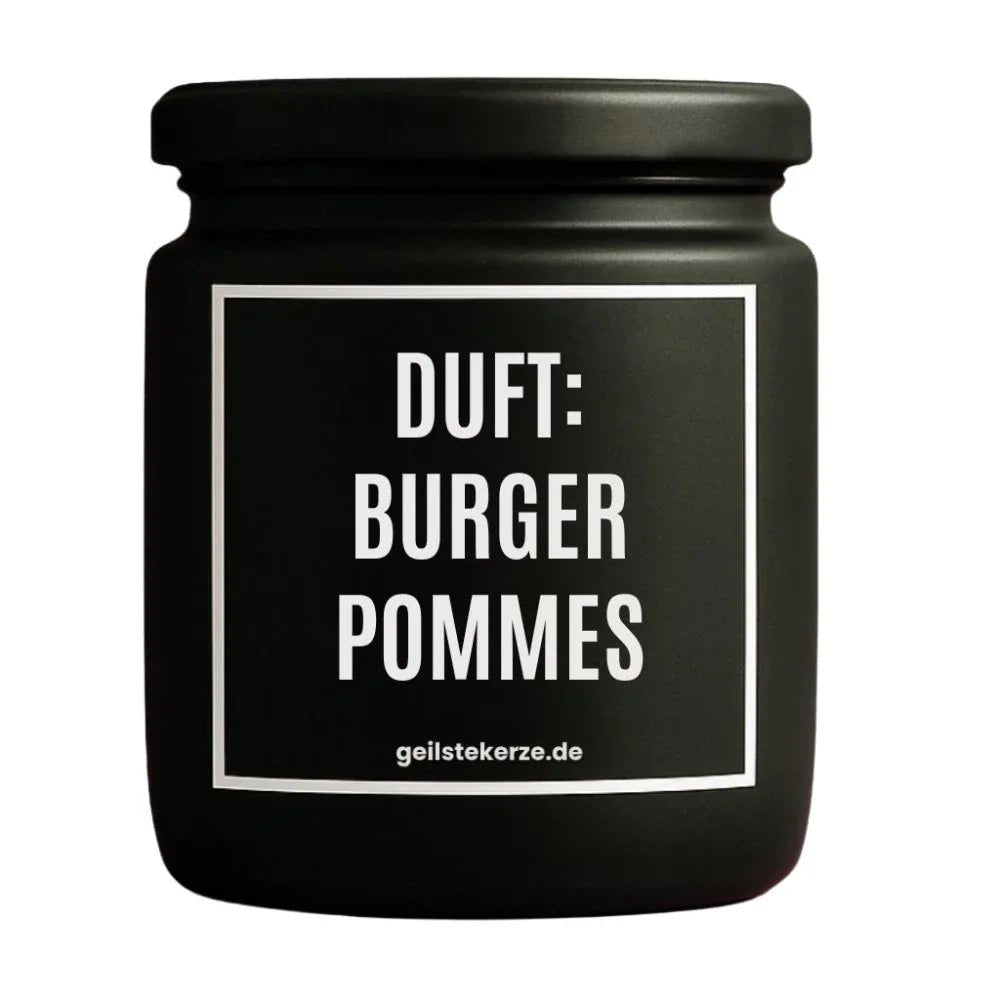 Duftkerze mit Spruch von geilstekerze ist der neue Geschenketrend. Diese witzige Kerze Vegane Bio-Kerze mit Spruch – DUFT: BURGER POMMES brennt mega lange sagenhafte 80 Stunde, hochwertige ätherische Öle schaffen beste Duftverteilung. Mit 1400 lustigen Sprüchen perfekt zum Verschenken. Handgemacht in Deutschland von geilstekerze.shop -Die beste Duftkerze die du kaufen kannst.