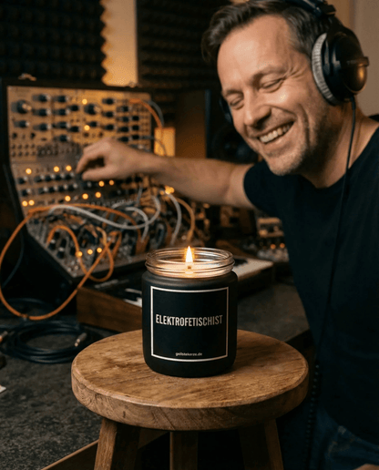 Duftkerze mit Spruch von geilstekerze ist der neue Geschenketrend. Diese witzige Kerze Vegane Bio-Kerze mit Spruch – ELEKTROFETISCHIST brennt mega lange sagenhafte 80 Stunde, hochwertige ätherische Öle schaffen beste Duftverteilung. Mit 1400 lustigen Sprüchen perfekt zum Verschenken. Handgemacht in Deutschland von geilstekerze.shop -Die beste Duftkerze die du kaufen kannst.