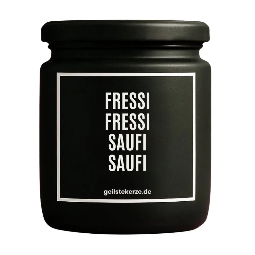 Vegane Bio-Kerze mit Spruch – FRESSI FRESSI SAUFI SAUFI