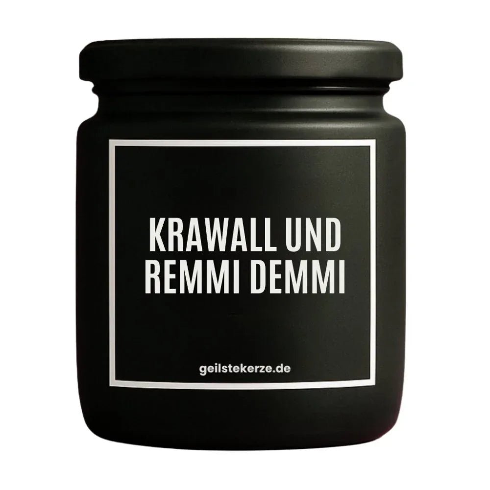 Duftkerze mit Spruch von geilstekerze ist der neue Geschenketrend. Diese witzige Kerze Vegane Bio-Kerze mit Spruch – KRAWALL UND REMMI DEMMI brennt mega lange sagenhafte 80 Stunde, hochwertige ätherische Öle schaffen beste Duftverteilung. Mit 1400 lustigen Sprüchen perfekt zum Verschenken. Handgemacht in Deutschland von geilstekerze.shop -Die beste Duftkerze die du kaufen kannst.