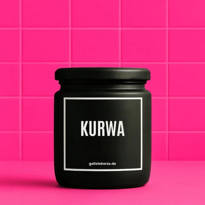 KURWA Duftkerze im Glasgefäß – weißes Sojawachs, polnischer Slang-Spruch