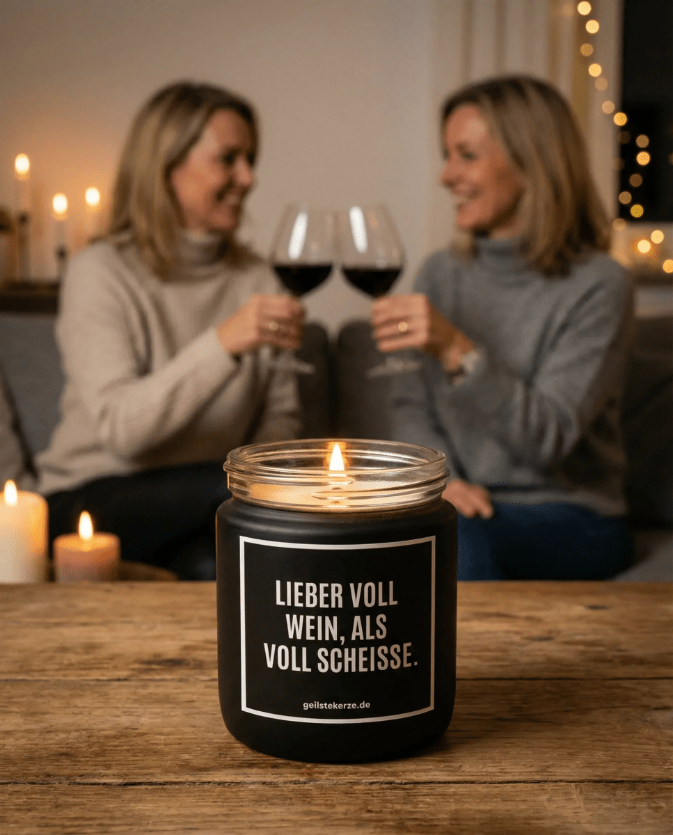 Duftkerze mit Spruch von geilstekerze ist der neue Geschenketrend. Diese witzige Kerze Vegane Bio-Kerze mit Spruch – LIEBER VOLL WEIN, ALS VOLL SCHEISSE. brennt mega lange sagenhafte 80 Stunde, hochwertige ätherische Öle schaffen beste Duftverteilung. Mit 1400 lustigen Sprüchen perfekt zum Verschenken. Handgemacht in Deutschland von geilstekerze.shop -Die beste Duftkerze die du kaufen kannst.