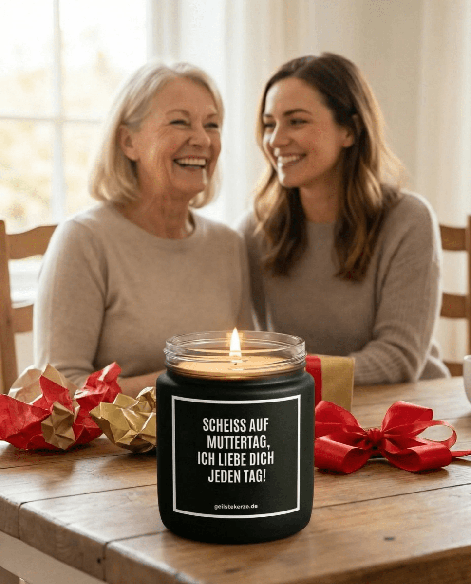 Duftkerze mit Spruch von geilstekerze ist der neue Geschenketrend. Diese witzige Kerze Vegane Bio-Kerze mit Spruch – SCHEISS AUF MUTTERTAG, ICH LIEBE DICH JEDEN TAG! brennt mega lange sagenhafte 80 Stunde, hochwertige ätherische Öle schaffen beste Duftverteilung. Mit 1400 lustigen Sprüchen perfekt zum Verschenken. Handgemacht in Deutschland von geilstekerze.shop -Die beste Duftkerze die du kaufen kannst.