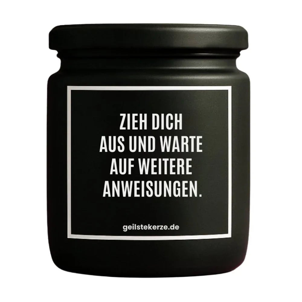 Vegane Bio-Kerze mit Spruch – ZIEH DICH AUS UND WARTE AUF WEITERE ANWEISUNGEN.